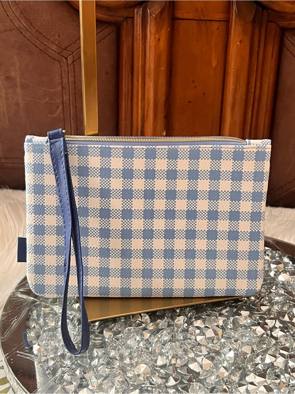 ipsy Blue and White Gingham Wristlet